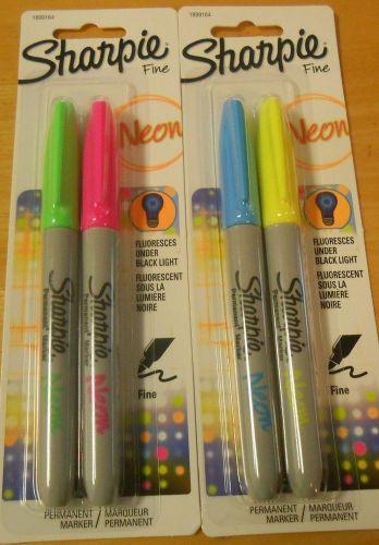 4 Neon Sharpie Permanent Markers Fluoresces Under Black Light Fine Point NICE