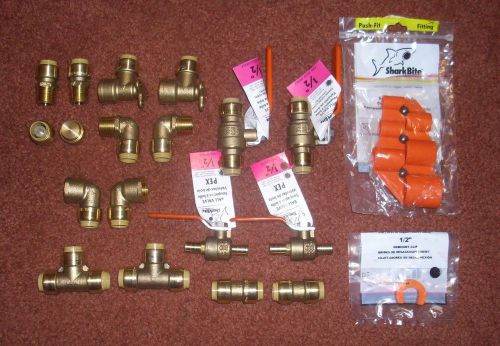 14 PC LOT OF NEW 1/2 INCH SHARKBITE PLUMBING FITTINGS PLUS 4 VALVES &amp; TOOLS