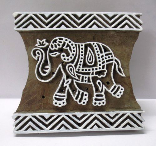 Indian wooden textile printing fabric block stamp zig zag border elephant print for sale