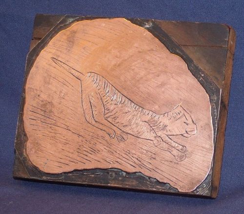 Vintage Letterpress Printing Block- Hand Made Cat / Tiger Image Folk Art Copper