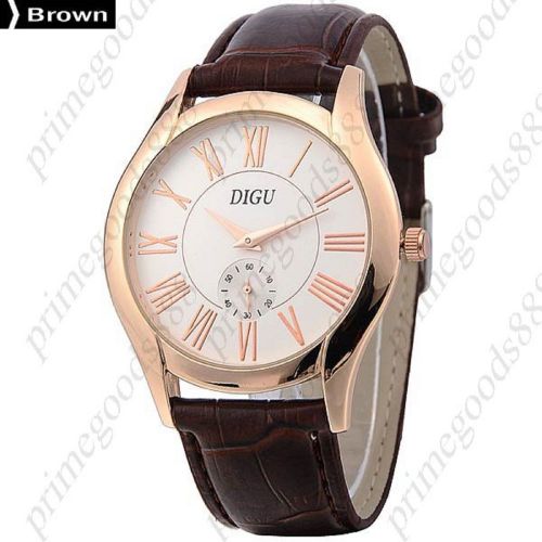 Gold Sub Dial Genuine Leather Quartz Analog Free Shipping Men&#039;s Wristwatch Brown