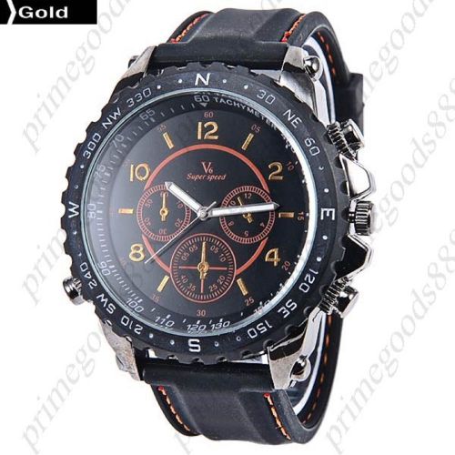 Black Silica Gel Band Quartz Analog 3 Sub Dial Wrist Men&#039;s Wristwatch Gold Face