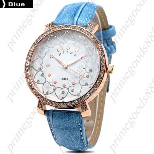 Hearts Rhinestones PU Leather Quartz Heart Lady Ladies Wristwatch Women&#039;s Blue