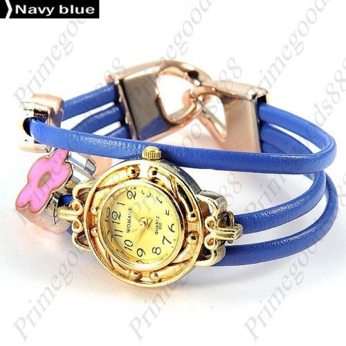 Charm spaghetti pu leather round analog quartz wristwatch women&#039;s navy blue for sale