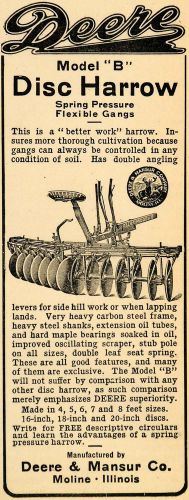 1907 Ad Model B Disc Harrow Spring Gangs Deere &amp; Mansur - ORIGINAL CG1