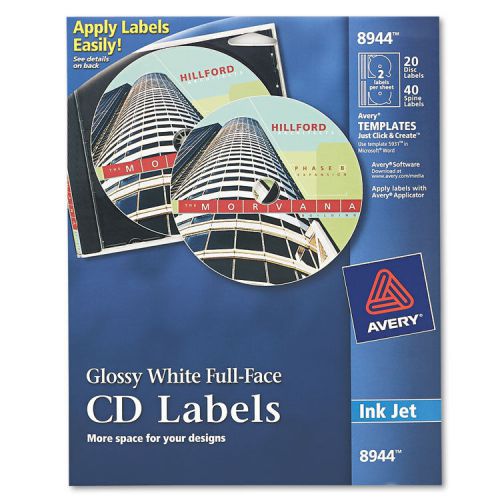 Inkjet Full-Face CD Labels, Glossy White, 20/Pack