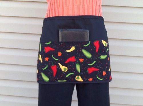 Black 3 pocket waitress waist apron Hot Peppers, resturants cafe  USA