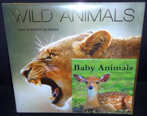 TWO 2016 12 MONTH CALENDAR WILD ANIMALS 22&#034; H X 12&#034; W BABY ANIMALS 12&#034; X 6&#034; NEW