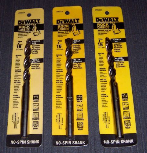 3 ea. DEWALT DW5234 7/16&#034; x 6&#034; Rock Carbide Spiral Hammer Drill Bits