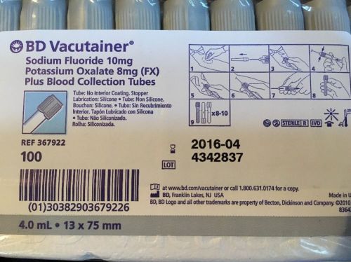 BD VACUTAINER COLLECTION TUBE100/bx SODIUM FLUORIDE POTASSIUM OXALAT 367922 Gray