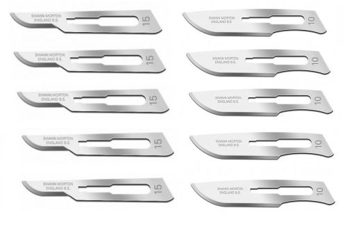 Set of 10 swann morton sterile carbon steel surgical scalpel blades #10 #15 for sale