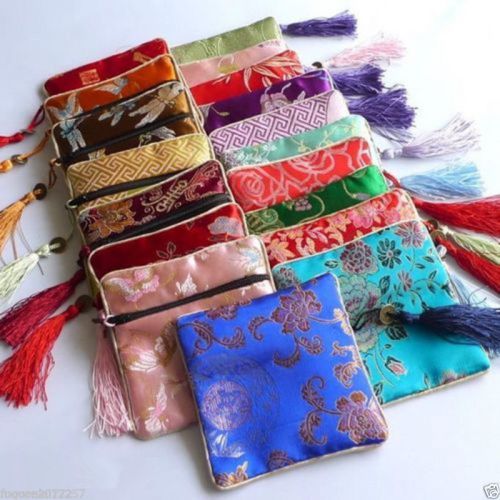 60PCS Wholesale Various color Chinese handmade Silk Zipper Purse Pouch Gift Bag
