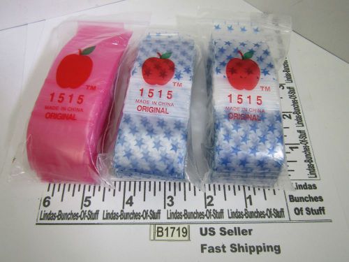 3 BAGS OF 100 1.5&#034; X 1.5&#034; 2 MILL PLASTIC ZIP SEAL 2 BLUE STARS 1 PINK B1719