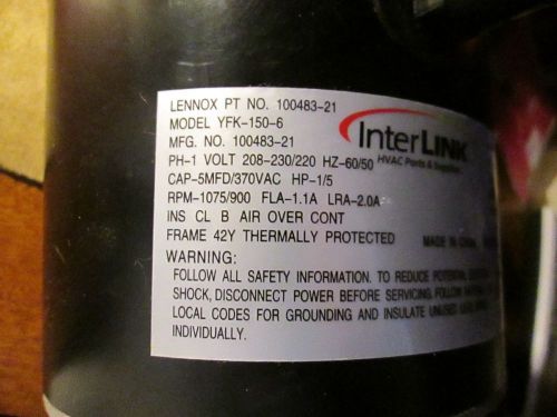 Lennox     100483-21/yfk-150-6   replacement blower motor -1/5hp for sale