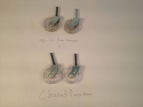 4 nos vtg furniture clear hard plastic casters wheels 2&#034; x 1/2&#034; steel frame for sale