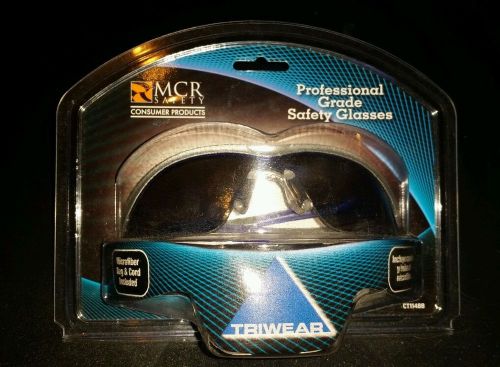 Silver and blue safety sunglasses.  new with cord, but soft carry case missing for sale