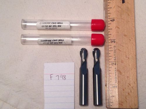 2 NEW 11/32&#034; DIAMETER CARBIDE ENDMILLS. 2 FLUTE. BALL. USA MADE {F798}