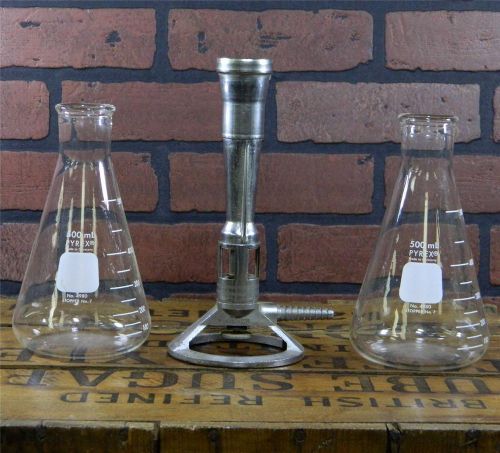 2 Pyrex 4980 500mL Narrow Mouth Erlenmeyer Flasks &amp; Vintage Fisher Bunsen Burner