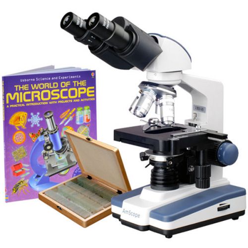 2500x led binocular compound microscope w 3d-stage, book &amp; 100 prepared slides for sale