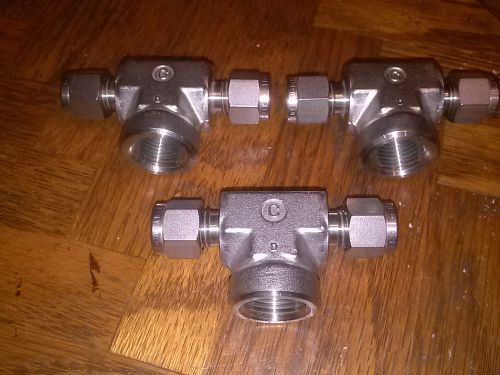 (3) Swagelok/Crawford 1/4 tube x 1/4 tube x 3/8 FNPT tees,