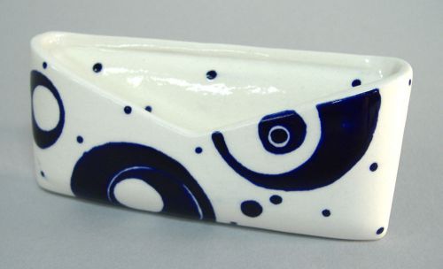 Blue circles ceramic business card holder handmade mid century retro desk new for sale