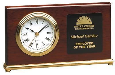 Horizontal style rosewood desk clock with engraved brass plate - free engraving for sale
