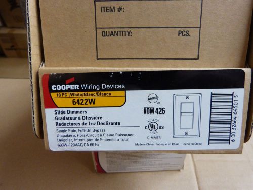 5 (FIVE) BRAND NEW COOPER WHITE SLIDE DIMMER CAT# 6422V 600W 120V 1POLE NIB