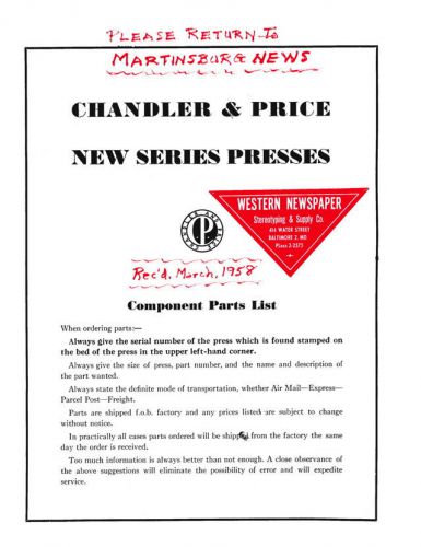 CHANDLER &amp; PRICE C&amp;P PRESS REPLACEMENT PARTS NEW SERIES PRESS &amp; OILING CHART