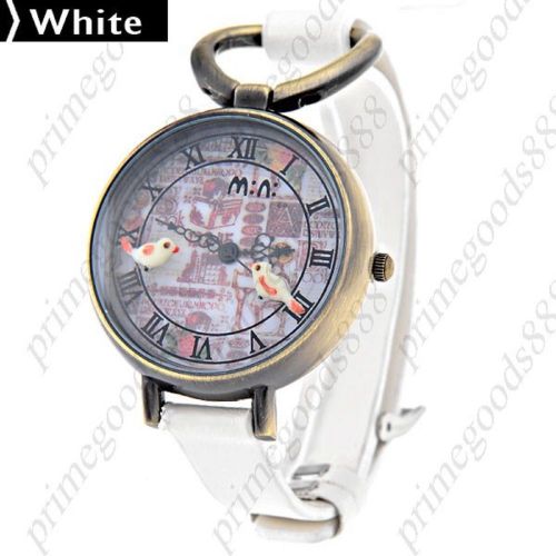 3D Birds PU Leather Quartz Analog Wrist Lady Ladies Wristwatch Women&#039;s White