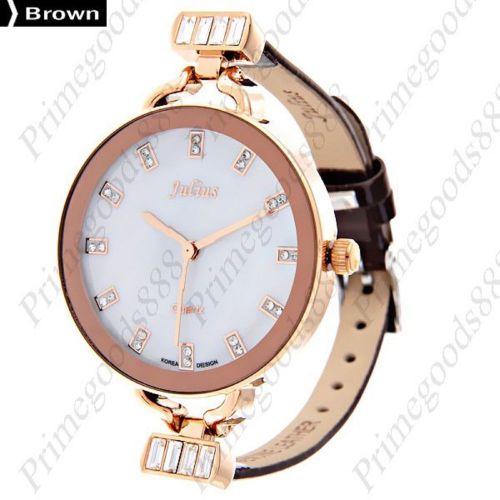 Round Rhinestone PU Leather Quartz Wrist Lady Ladies Wristwatch Women&#039;s Brown