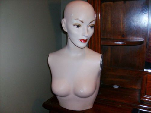 Vintage Female Mannequin Head Bust Torso with Eyes plaster metal