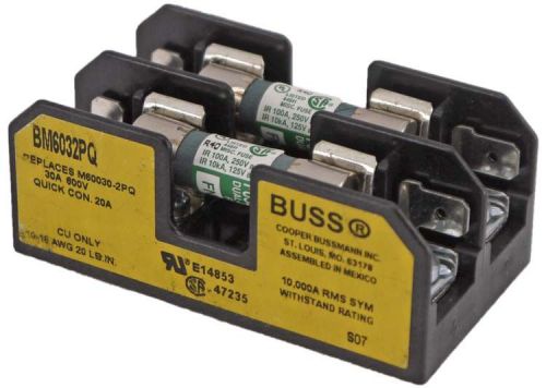 Cooper Bussmann BM6032PQ Buss 2-Pole 600V 30A Fuse Holder Block Unit +2x Fuses