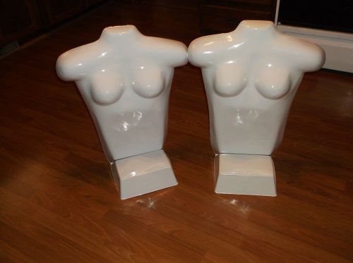 Lot of 2 female torso mannequin forms white plastic chest shirt stand upright for sale