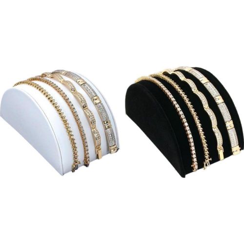 Black Velvet &amp; White Leather Half Moon Bracelet Showcase Display Kit 2 Pcs