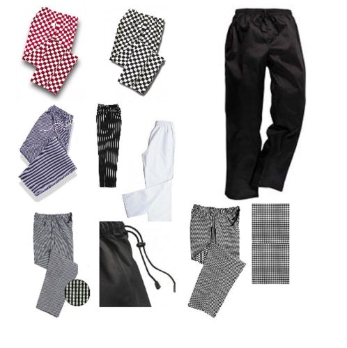 CHEFS TROUSERS, PANTS, KITCHEN UNIFORM BOTTOMS PLAIN CHESSBOARD GINGHAM COLOURS