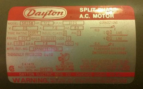 Dayton 5k258 motor, 1/2 hp, split ph, 1725 rpm, 115 v for sale