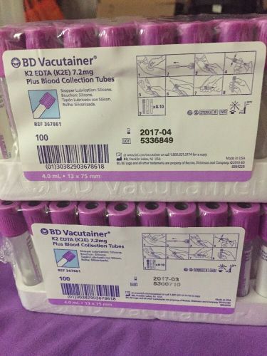 BD VACUTAINER 100 BLOOD COLLECTION TUBES LAVENDER HEMOGARD 04-2017 REF 367861