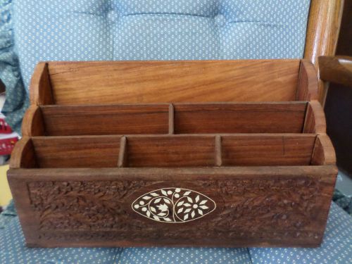 Vintage Carved Wood Mail Letter Bill Holder Caddy Desk Organizer Made in India