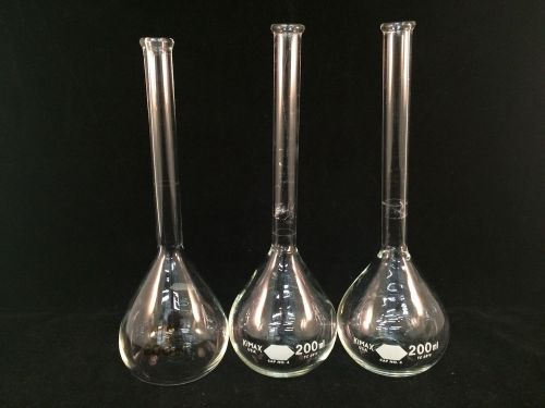 Lot of 3 kimax 200ml volumetric glass flasks - (2) 8-3/4&#034; &amp; 8-1/2&#034; for sale