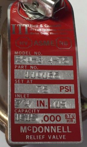 MCDONNELL &amp; MILLER 110165 250-3/4-75 RELIEF VALVE SET AT 75 PSI NOS NO BOX