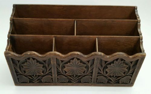 Vintage Lerner Desk Top Organizer Mail Holder Caddy Faux Carved Wood Brown