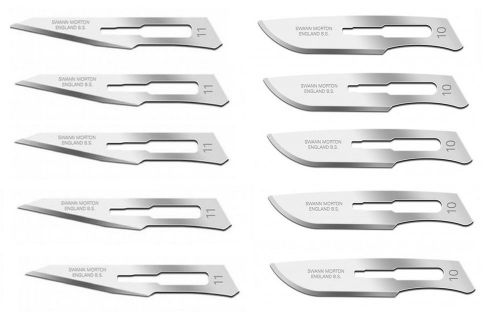 Set of 10 swann morton sterile carbon steel surgical scalpel blades #10 #11 for sale