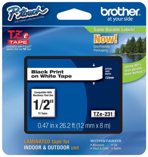 Brother p-touch ~1/2&#034; (0.47&#034;) black on white standard laminated tape - 26.2 f... for sale