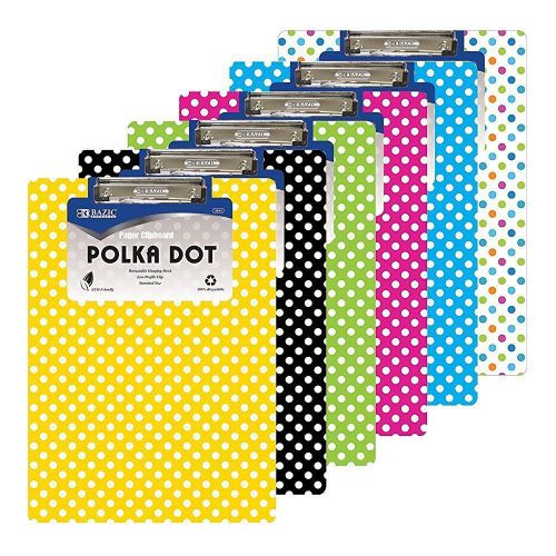 6 Pk, BAZIC Standard Size Polka Dot Paperboard Clipboard w/ Low Profile Clip (Co